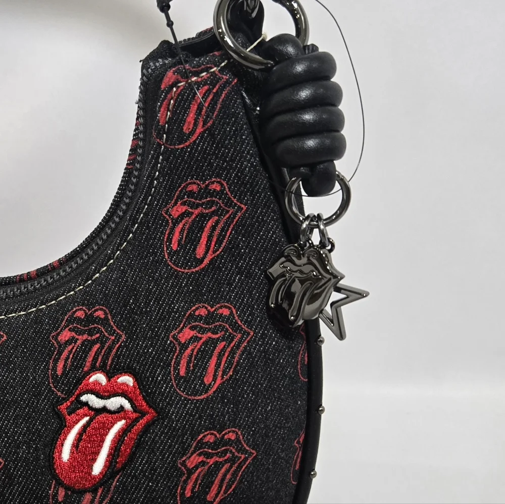 The Rolling Stones All-Over Tongue Logo Black Denim Small Hobo Bag